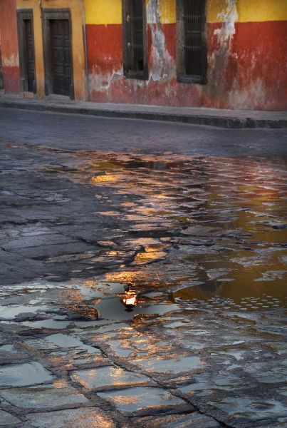 Mexico Cobblestone street with water reflections